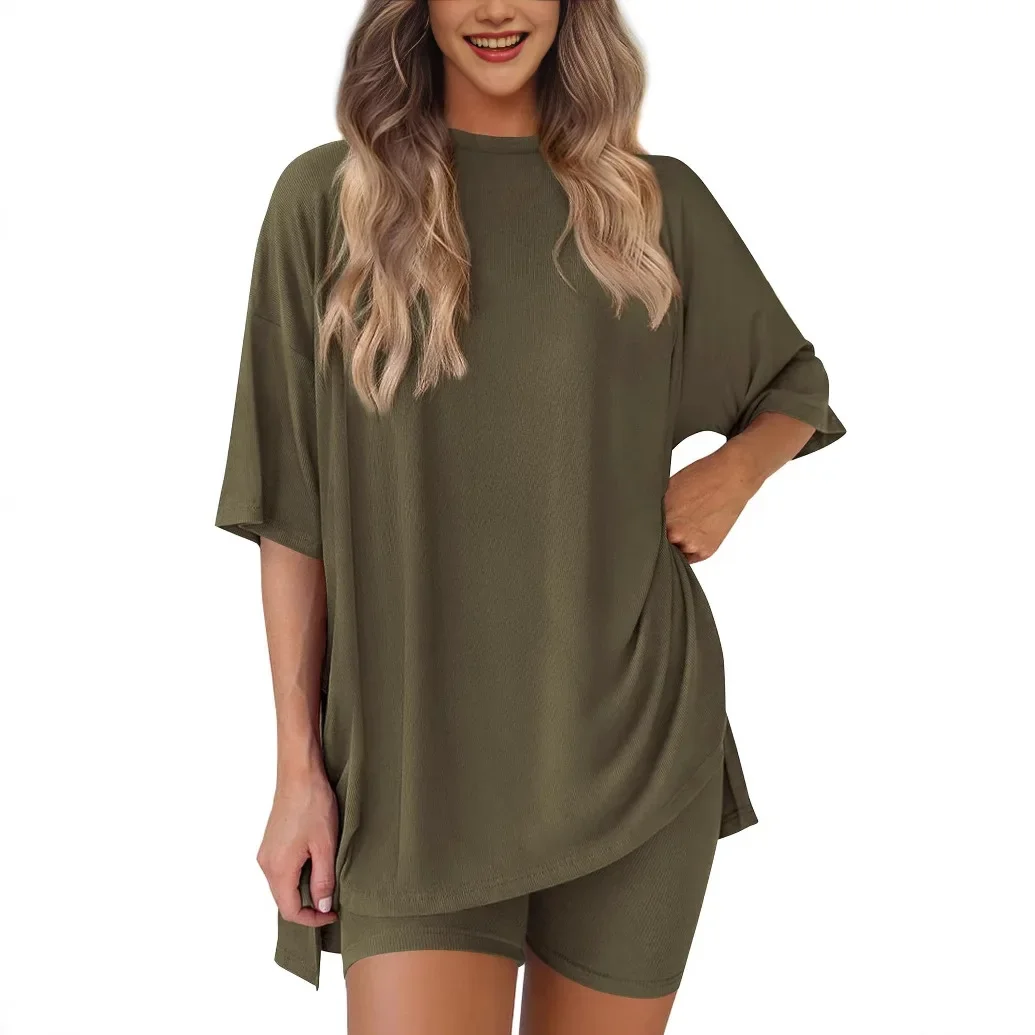 

2025 Women's Summer Solid Two-Piece Set Casual Oversized Shirts Biker Shorts Matching Airport Travel Outfit Split Hem Lounge