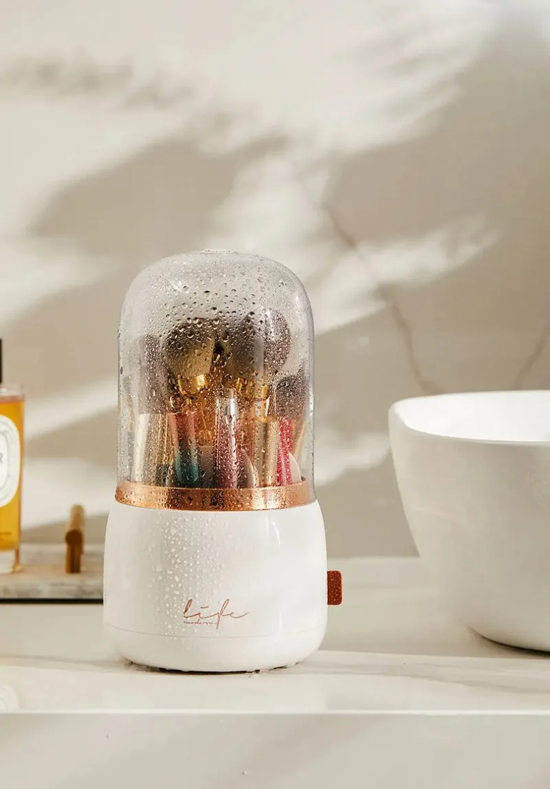 Caja organizadora de maquillaje giratoria 360 ° , Soporte transparente para brochas cosméticas y almacenamiento de lápiz labial, estuche de belleza portátil a prueba de polvo