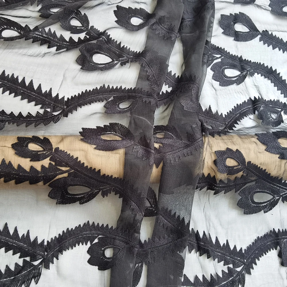 50cm*132cm Wedding Material Black Feather Silk Lace Fabric Natural Silk Crinkled Georgette