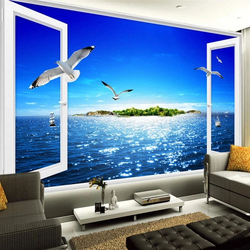 Custom Mural 3D Window Sea View Wall Painting Beach Island Seagulls Wallpaper Living room TV background wall bedroom restaurant