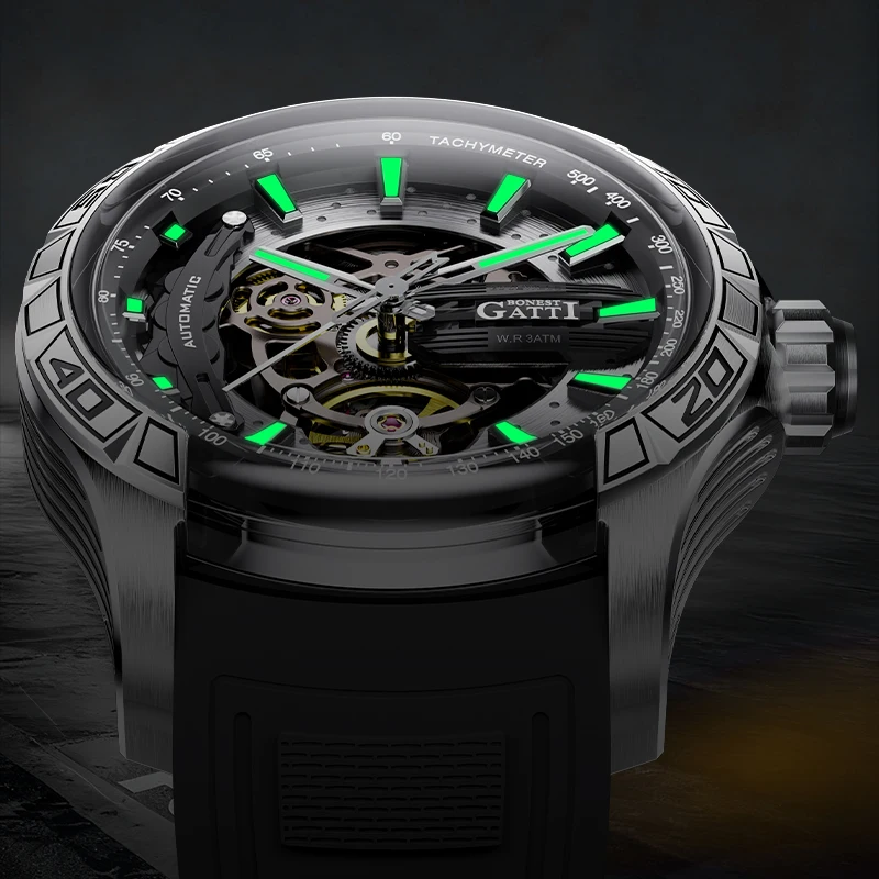 

Мужские автоматические механические часы BONEST GATTI, бочкообразные, с каучуковым ремешком, спортивная модель, немецкое качество, новые, скелетонизированные, спортивные
