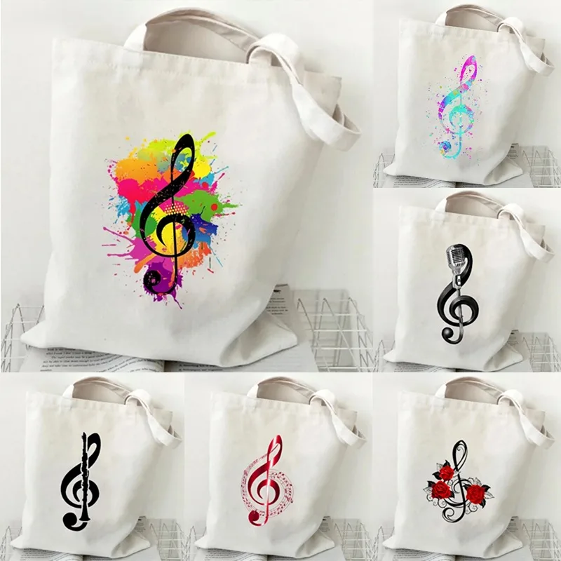 Women's Handbag Music Notes Pattern Printed Canvas Shoulder Bag Girls Shoulder Bag Eco Large Capacity Canvas Shopping Bag
