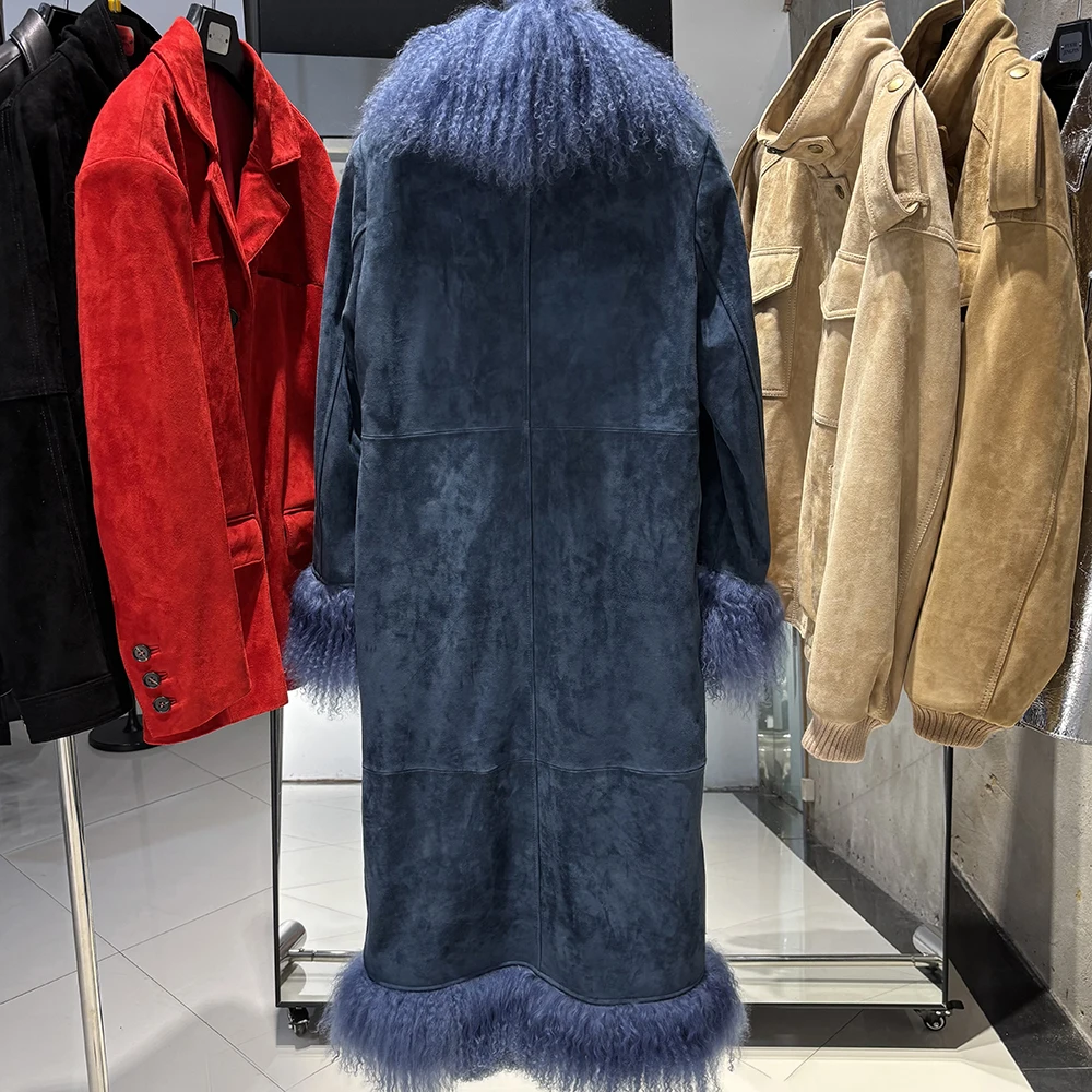 YOLOAgain Real Mongolia Sheep Fur Jacket Long Dark Brown Suede Coat Women