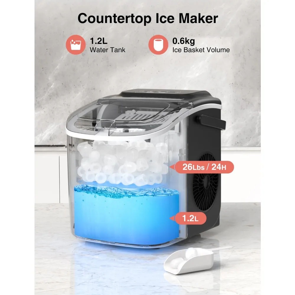 HAOYUNMA Ice Maker Countertop with Handle, Self-Cleaning Ice Maker with Scoop and Basket,26lbs/24H,9 Cubes in 6 Mins