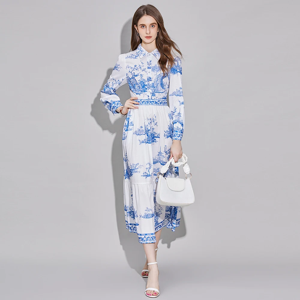 Autumn Runway Blue Red Floral Print Midi Dress Women's Lapel Long Lantern Sleeve High Street Casual Party A-Line Shirt Dress