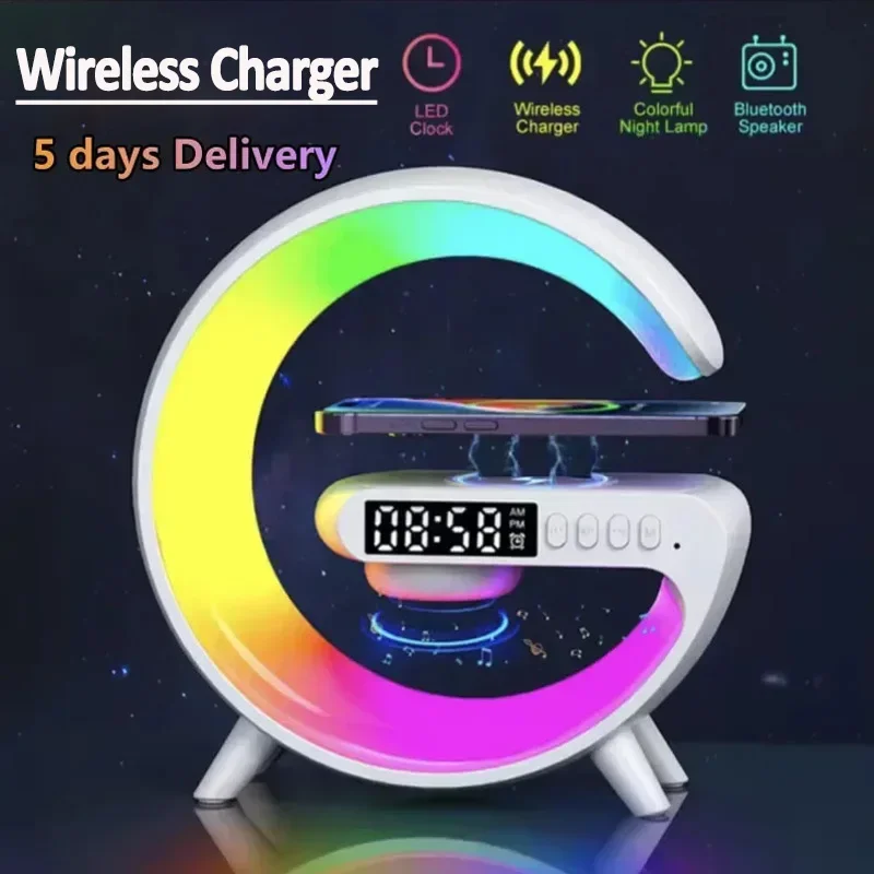 Wireless Charger Stand Alarm Clock Bluetooth Speaker LED Lamp RGB Night Light Fast Charging Station for iPhone Samsung Xiaomi