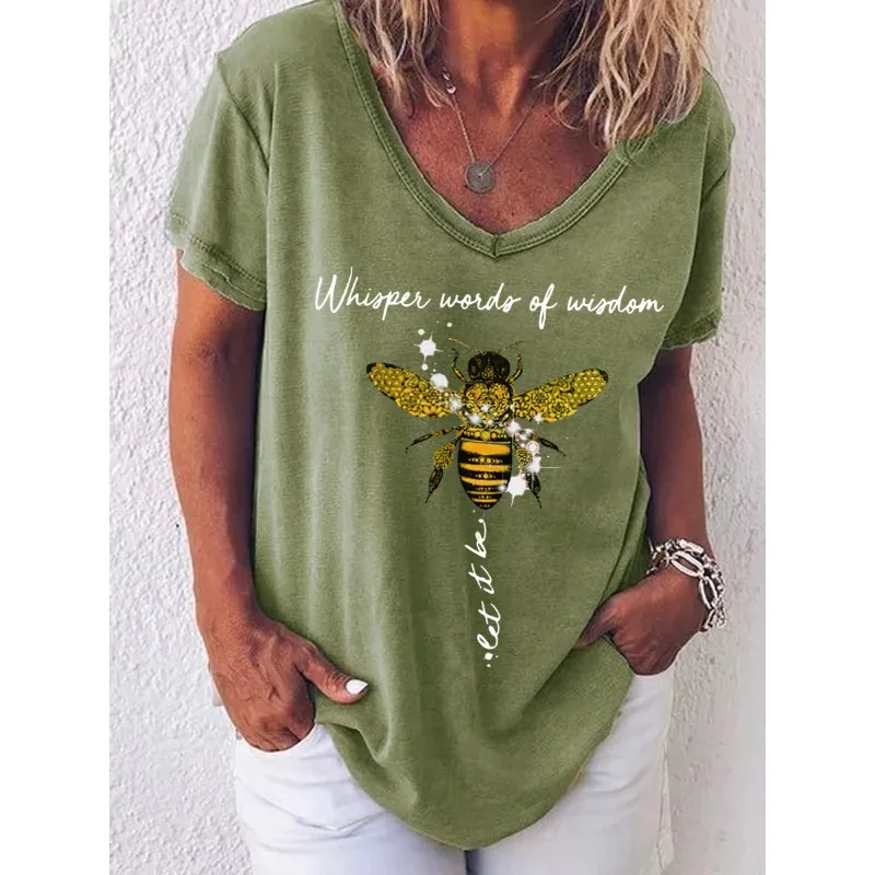 ilstile Women's Hippie Letter Print T-Shirts Summer Short Sleeve T Shirt Casual Loose V Neck Tops Black Blue Grey Tees NEW