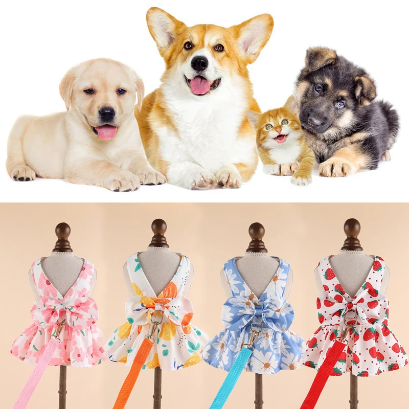 Summer Floral Dog Dress with Ring leash Princess Dress Pet Clothes for Small Dogs Thin Wedding Dresses Puppy Skirt for Chihuahua