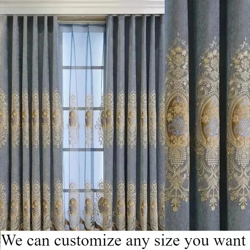 

European Luxury Curtains for Living Room Dining Bedroom Embroidered Grey Chenille Partition door White Tulle Decor Custom Size