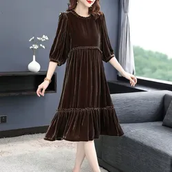 2026 Spring Elegant ruffled Velvet Midi Dress Autumn High Waist Ladies Chic velour Party Dresses Vestidos de fiesta prom dresses