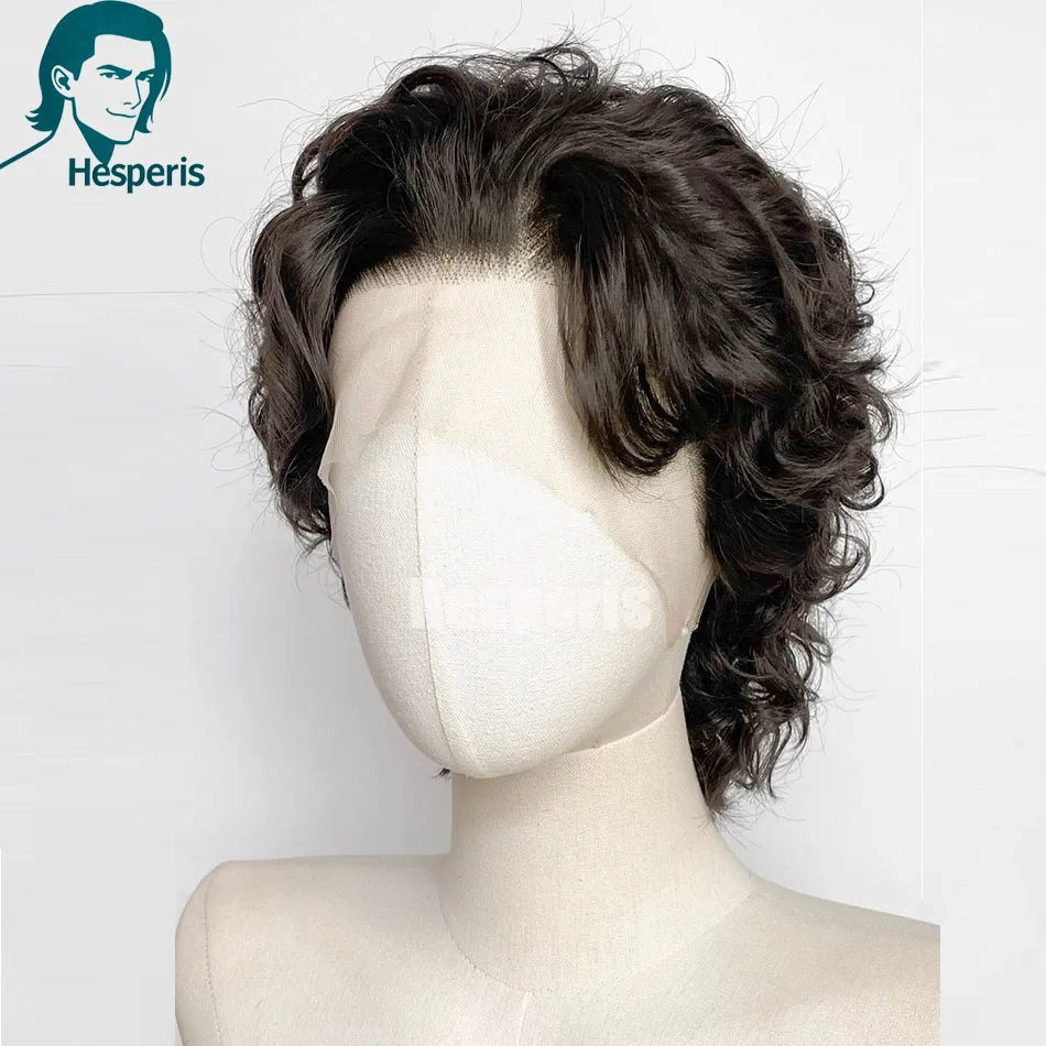 Hesperis Men Wig Human Hair Curly Short Pixie Cut Lace Front Wig Pre Styled Male Cosplay Wig Natural Color Boy Cut Lace Frontal