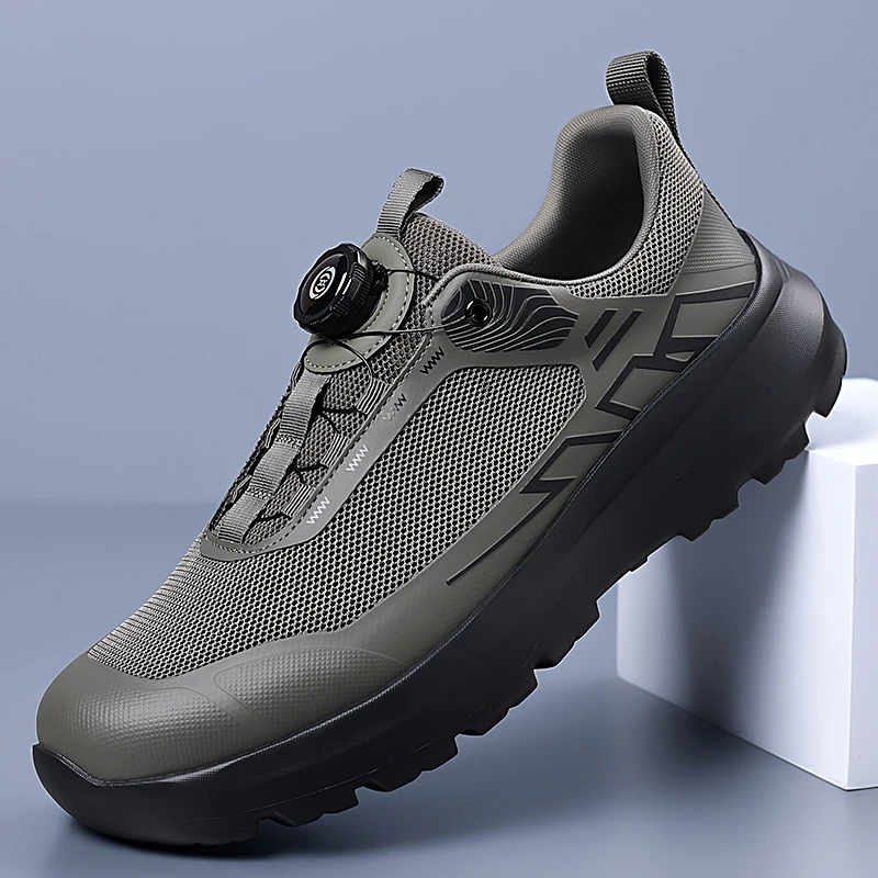 Auto Quick Rotating Buckle Breathable Mesh Hiking Sneakers Wear Resistant Thick Lug Sole Anti Slip Outdoor Trekking Walking Shoe