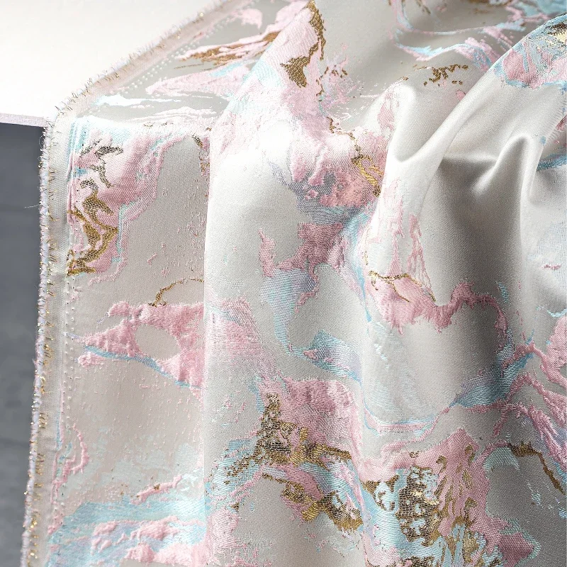 Pink Blue Gilded Block Texture Jacquard Polyester Fabric Chinese Style Relief Qipao Jacket Clothing Designer Fabric