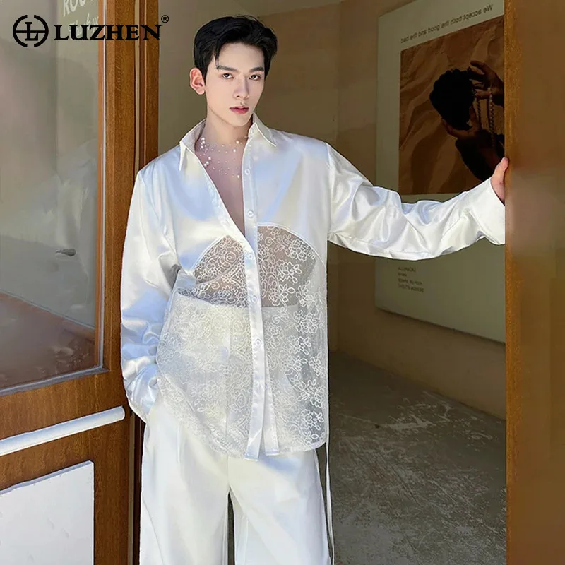 LUZHEN Original Satin Gauze Splicing Design Perspective Long Sleeve Shirts Men's High Quality 2026 New Handsome Clothes JY9483