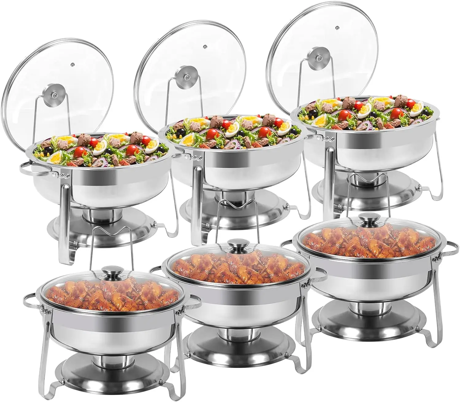 

6 Packs Round Chafing Dish Buffet Set, 4 QT Stainless Steel Chafing Dishes with Glass Lid & Lid Holder, Catering Food Warmers