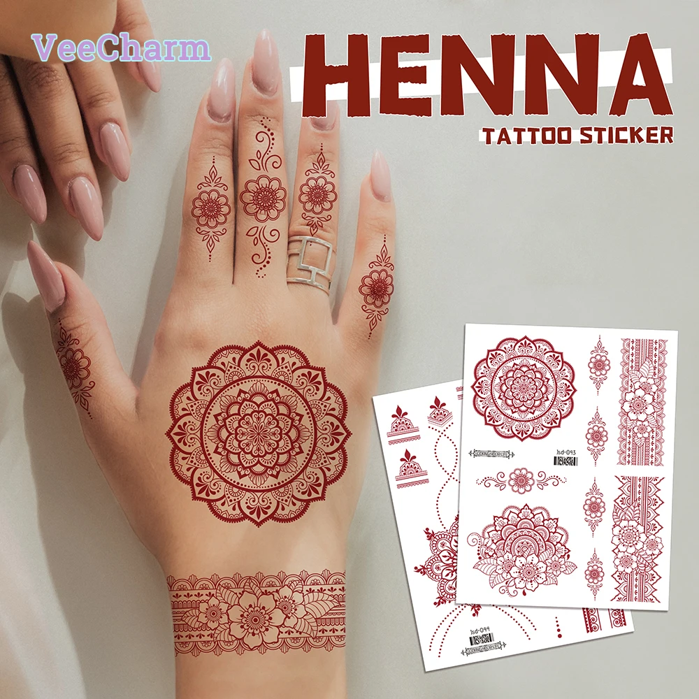 

VeeCharm - Brick Red Henna Temporary Tattoos,Elegant Lace/Flower/Back of Hand Indian Tattoo Stickers,Mandala Tattoo,1/12 Sheet