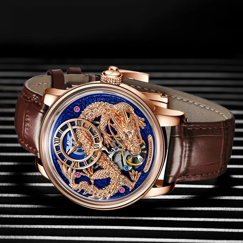 PINDU تصاميم الأصلي الجديد للرجال الميكانيكية Watchew التنين سلسلة M2797B الحركة التلقائية جلدية الياقوت الرجال ساعات المعصم