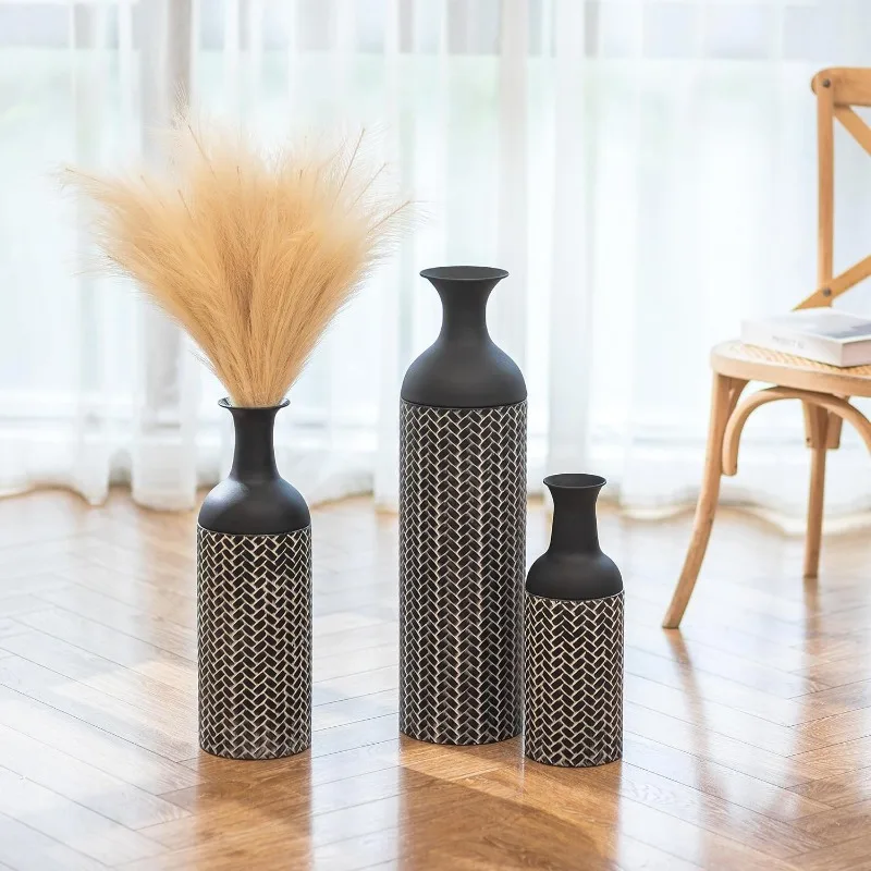 Black Large Floor Vases: 27/20/16in Tall Metal Floor Vase Set of 3 Giant Standing Vase Vintage Floor Vase for Living Room