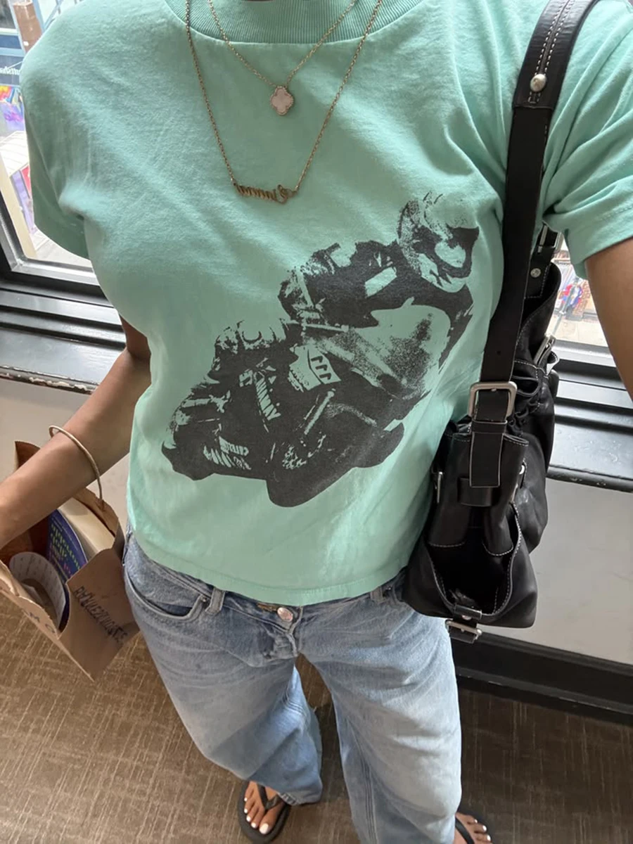 Motorcycle Print Cotton T-shirt Woman Summer O-Neck Cotton White Short Sleeve Tees Vintage Streetwear Classic Graphic Tshirts