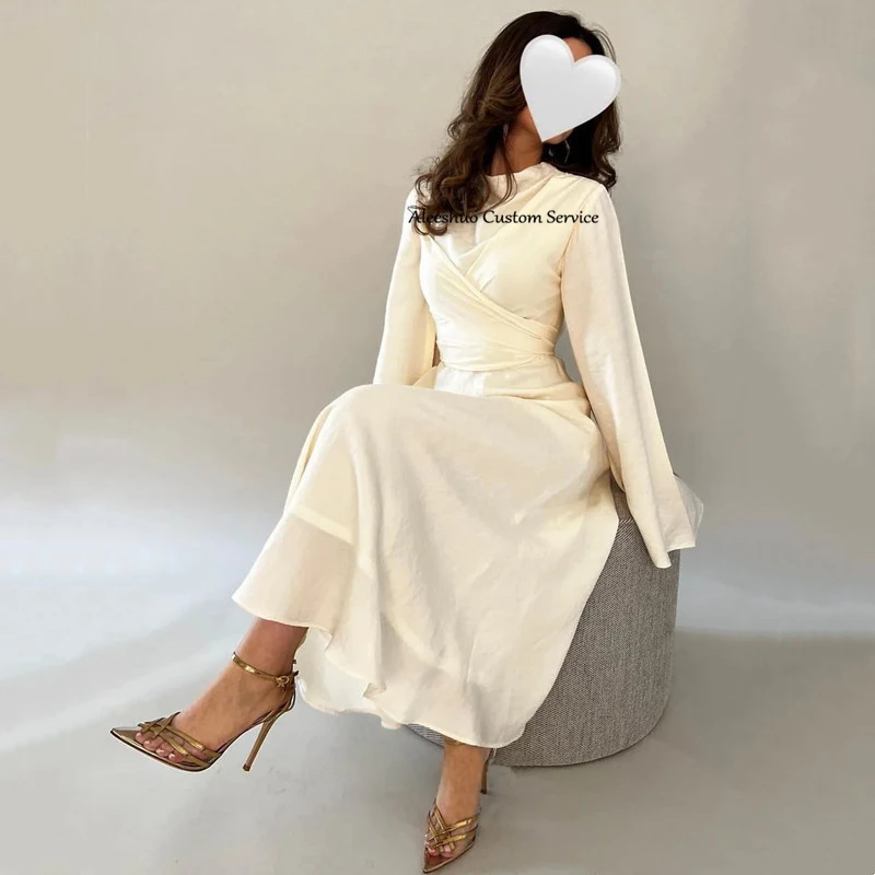 

Wedding DressesA-Line High Neck Long Sleeve Mid-Calf Wedding DressesFor Wedding Bridesmaid Birthday Holiday Cocktail Dresses