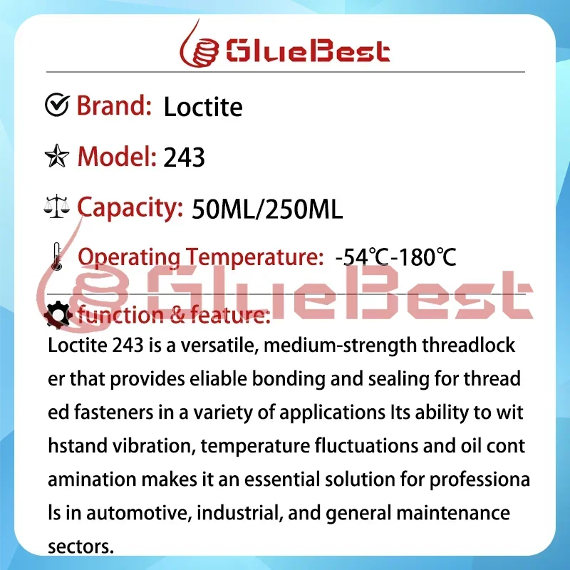 Loctite 243 Anaerobic High Temperature Resistant Curing Agent for Tightening and Preventing Loosening Threads Original Product