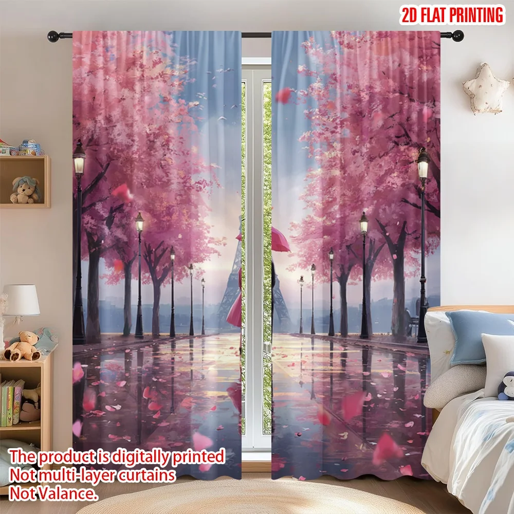

2D flat printing 2pcs Curtain Party Curtain Romantic Spring in Paris Digital Printed Polyester Drapes Festive Holiday Use for