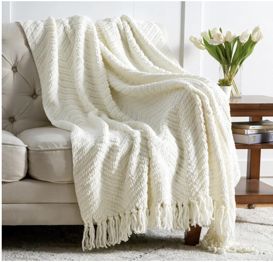 

White Throw Blankets for Couch, Textured Knit Woven Blanket, 50x60 Inch - Super Soft Warm Decorative Blanket with Tassels for Co