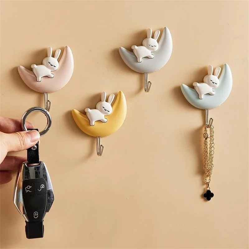 2PCS Cartoon Moon Rabbit Self-adhesive Hooks Bedroom Bathroom Water Proof Punch-free Wall Hanging Cute Bunny Wall Hanging Hooks