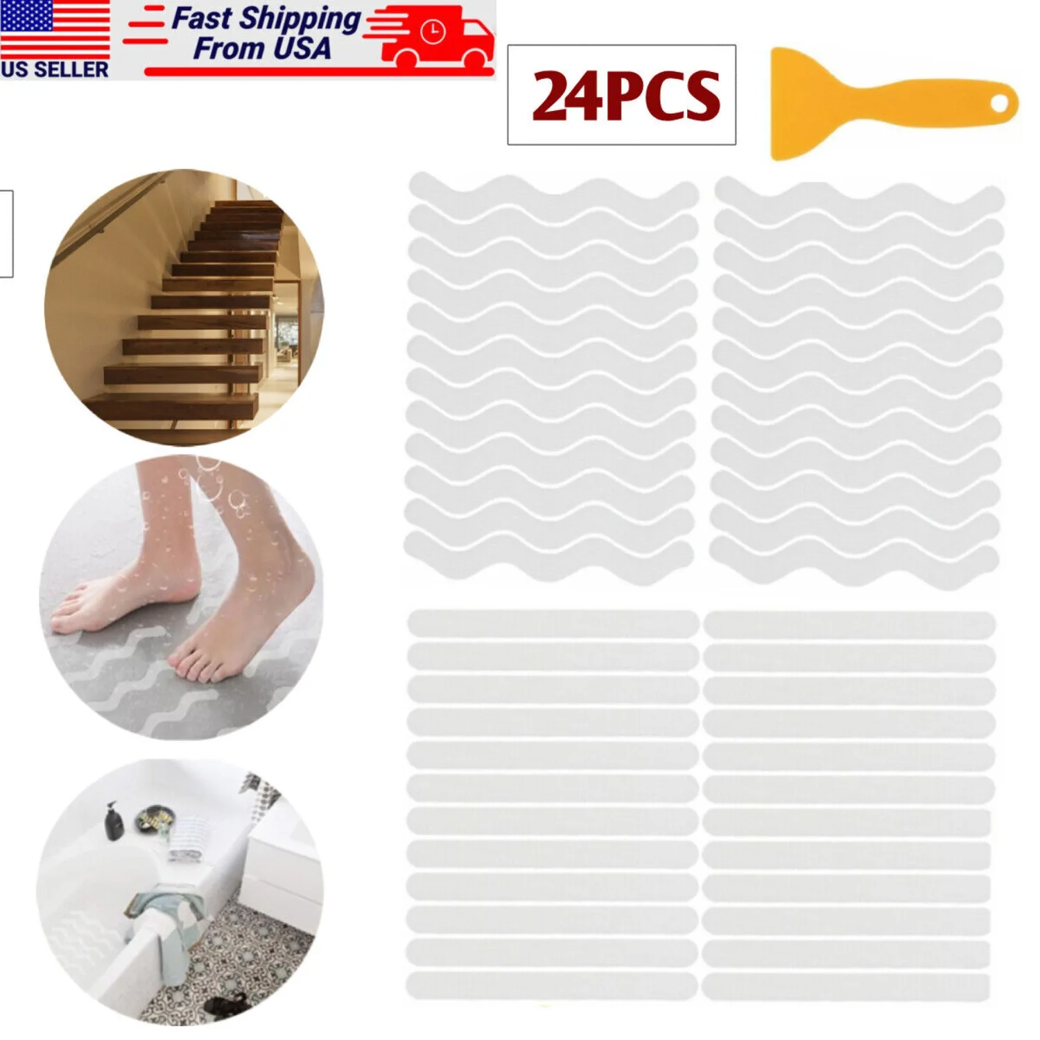 

24 x Bath Tub Shower Stickers Anti Slip Grip Strips Non-Slip Safety Floor Tread