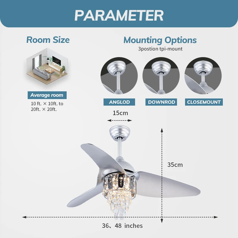 Modern Crystal Ceiling Fan with Light ABS Blade DC 110V-220V Motor 6 Speed Ceiling Fan for Indoor Living room Bedroom Restaurant