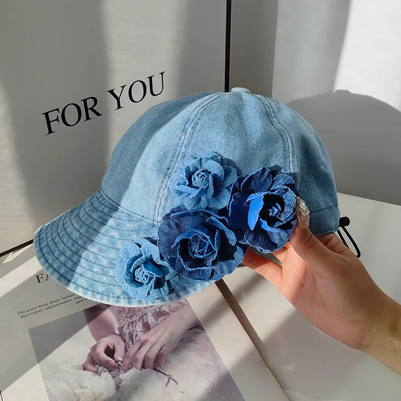 3D Denim Flower Fabric Casquette Personnalisé Female Cotton Foldable Travel Chapeau Casquette Femme Summer Sun Baseball Cap