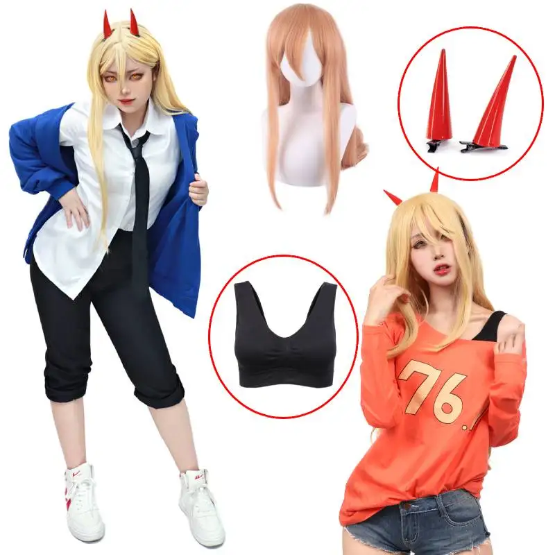 

DAZCOS Power Cosplay Chainsaw Man Costume Dark Blue Jacket Pants Wig Uniform Suit 76.1 Orange Casual T-Shirt Black Halter Top