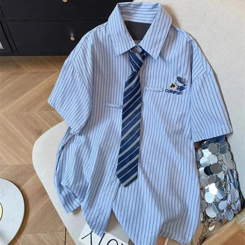 2025 Preppy Style Blue Striped Shirts Women Summer Short Sleeve Loose Blouse Woman Streetwear Letter Embroidery Shirts Female - Image 2