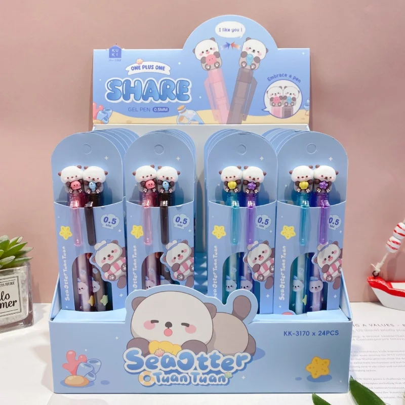 24set-lot-kawaii-seaotter-press-gel-pen-cute-05mm-black-ink-neutral-pens-for-writing-office-school-supplies