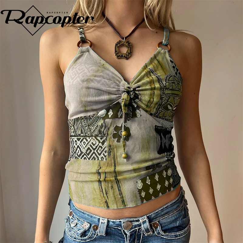 Rapcopter y2k Vintage Print Mini Vest Women Boho Bohemian Hollow Out Crop Top Backless Mesh Grunge Sweats Chic Korean Tank Tops