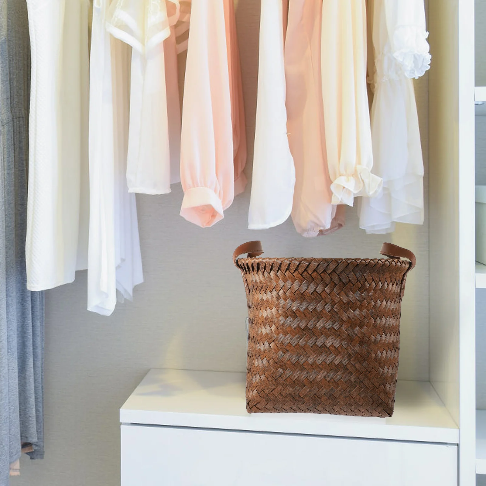 

Handwoven Imitation Rattan Basket Double Handle Multipurpose Sundries Organizer for Table Storage Home Supplies