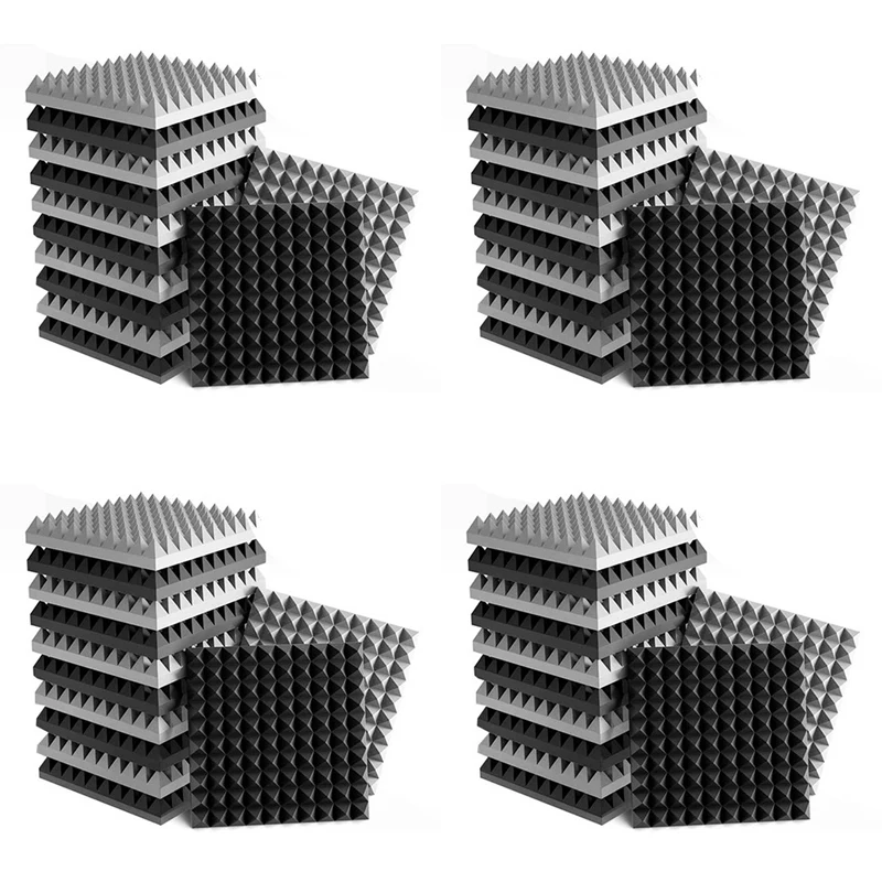 

New-48 Pack Self-Adhesive Sound Proof Foam Panels 2X12X12 Inch Pyramid Design Acoustic Foam,For Home Studio,Black + Gray