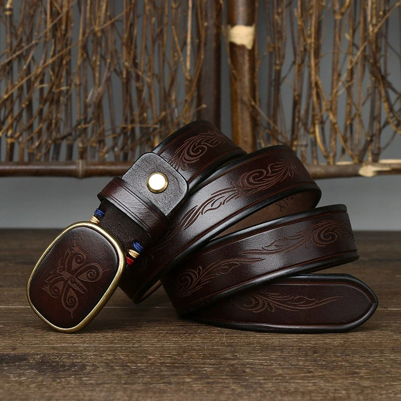 Retro Genuine Leather Tough Guy Men Belt High-Quality Pure Copper Buckle Lucky Totem Classic Floral Engraved Waist Male Strap