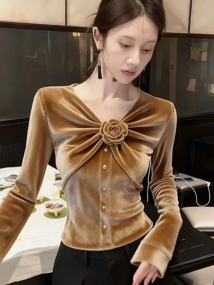 봄 가을 신상 트렌드 3D 플로럴 벨벳 긴팔 슬림핏 셔츠 티셔츠 탑 디자인 블라우스 코르셋 여성 탑