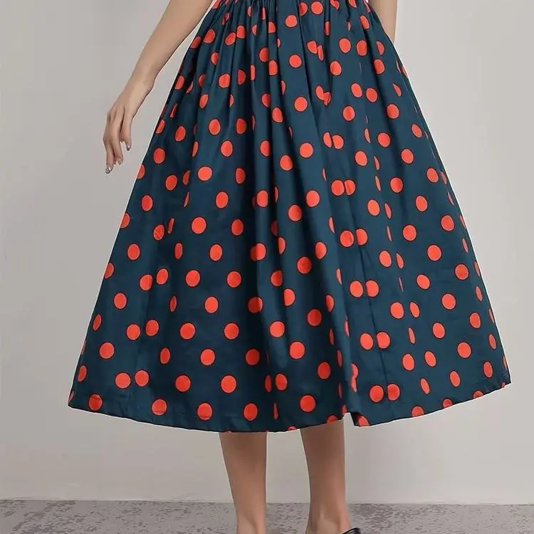 Spring and Autumn Hepburn Peacock Blue Polka Dot Skirt Printed Puffy Hepburn A-line Skirt Ol Women Belly Covering Hot Style