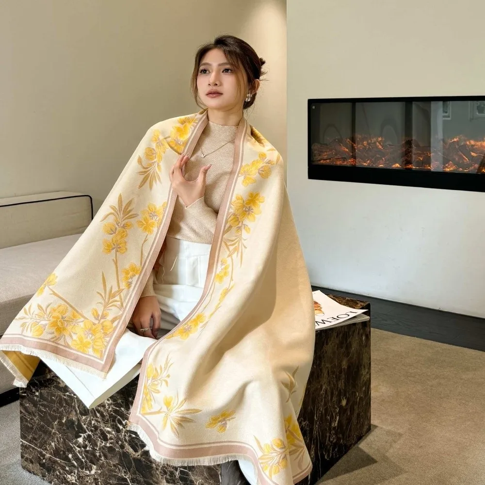 

Elegant Luxury Imitation Cashmere Scarf Warm Floral Print Pashmina Blanket Windproof Ethnic Style Winter Shawl for Women