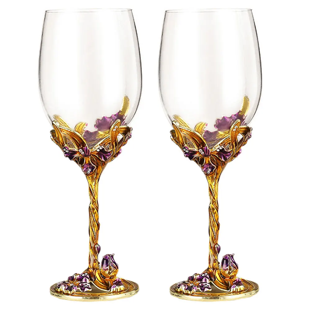 

2 шт., украшенные из ирисом, золотые бокалы для виски, эмалированный бокал для вина, свадебная посуда для напитков на высоких ножках, подарок, эмалированный бокал