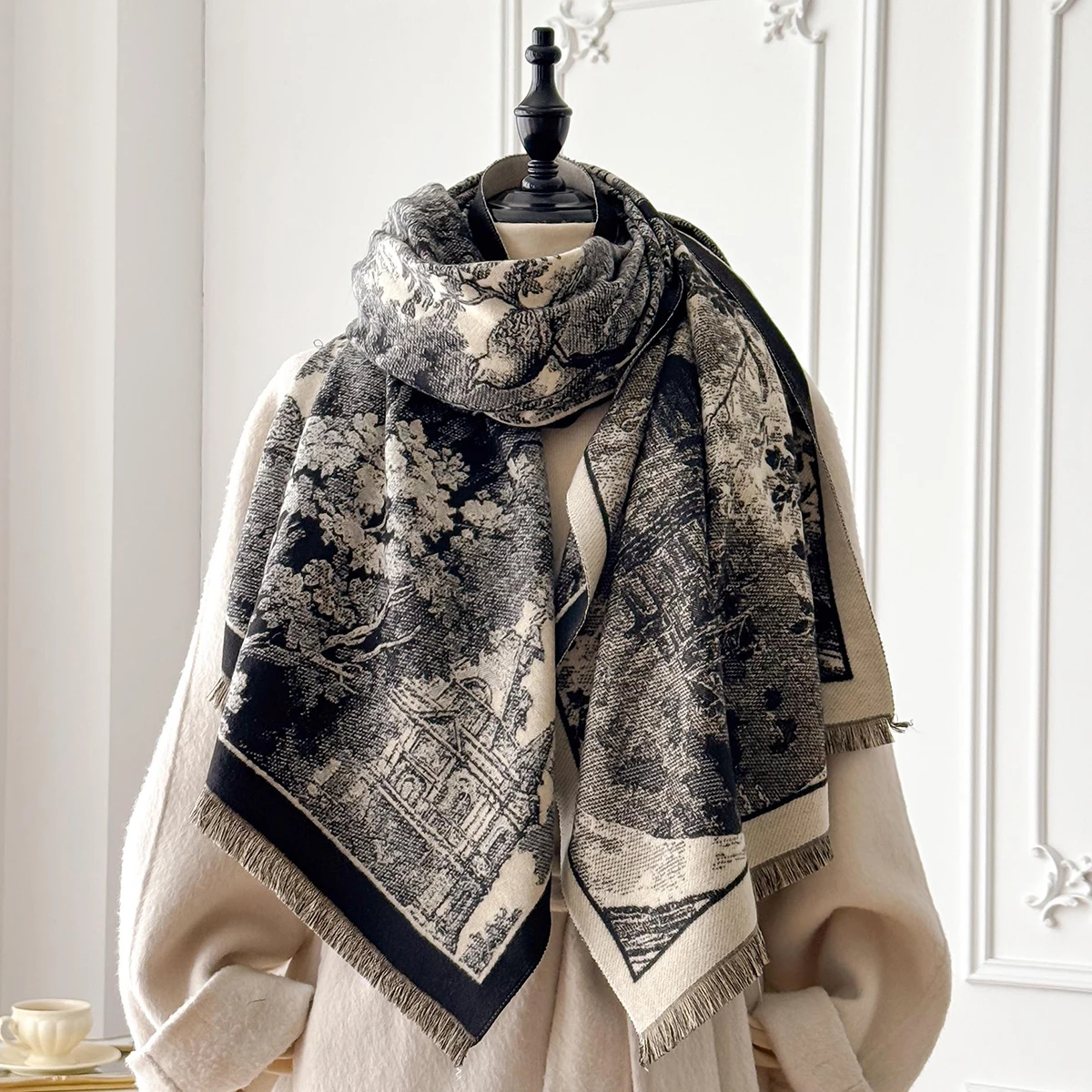 Eleganter Damen-Kaschmirschal im Retro-Stil mit doppelseitigem Landschaftsdruck, Winter-warmer Pashmina-Schal, Foulard-Poncho – Detail 3