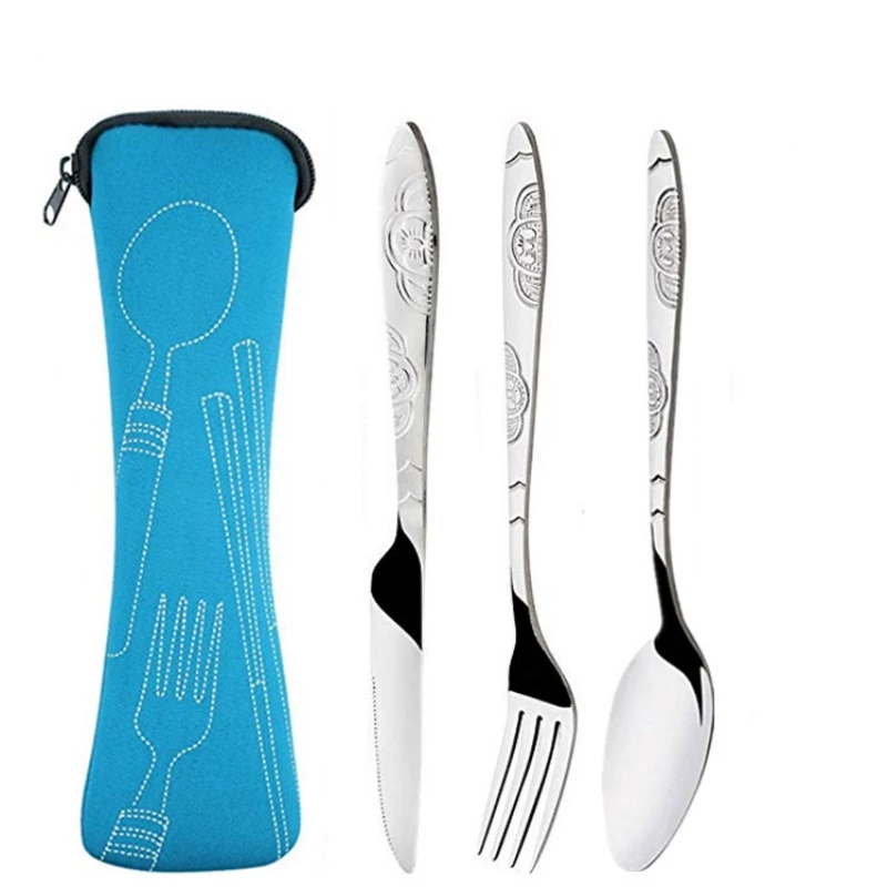 

3Pcs Set Dinnerware Portable Printed Knifes Fork Spoon Stainless Steel Family Camping Steak Cutlery Tableware with Bag