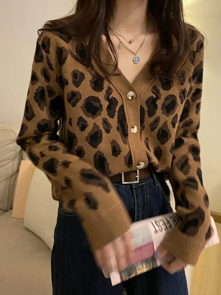 Women\'s Spring Autumn Cardigans Korean V-neck Cardigan Top Leopard Loose Slim Long Sleeve All-match Sweaters Female Tops PL437