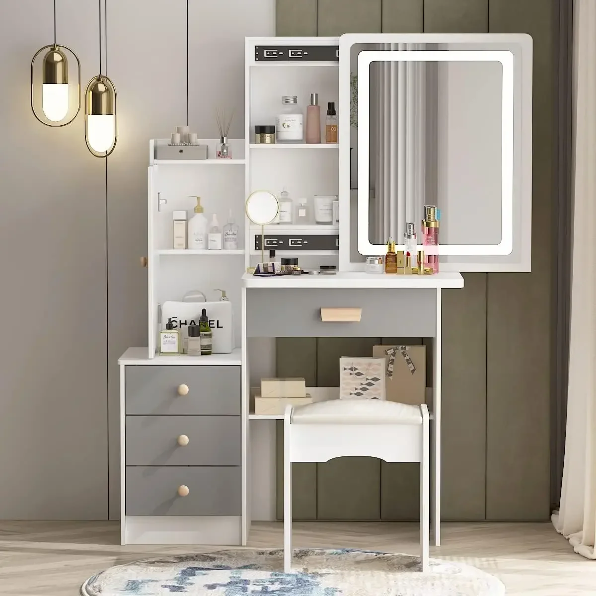 

%a Vanity Desk Set with Lighted Sliding Mirror 3 Colors LED, Makeup Drawer Dressing Table with Hidden Shelves & Cushioned Stoo