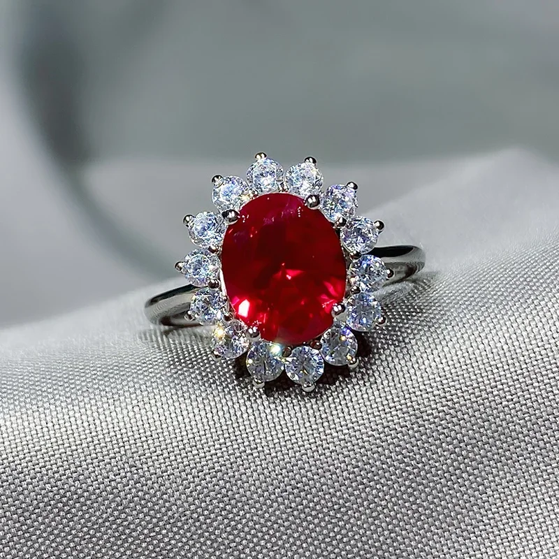 Fashion Daifei Style Red Treasure Ring 925 Sterling Silver Colored Treasure Pigeon Egg Red Corundum Wedding Jewelry Wholesale