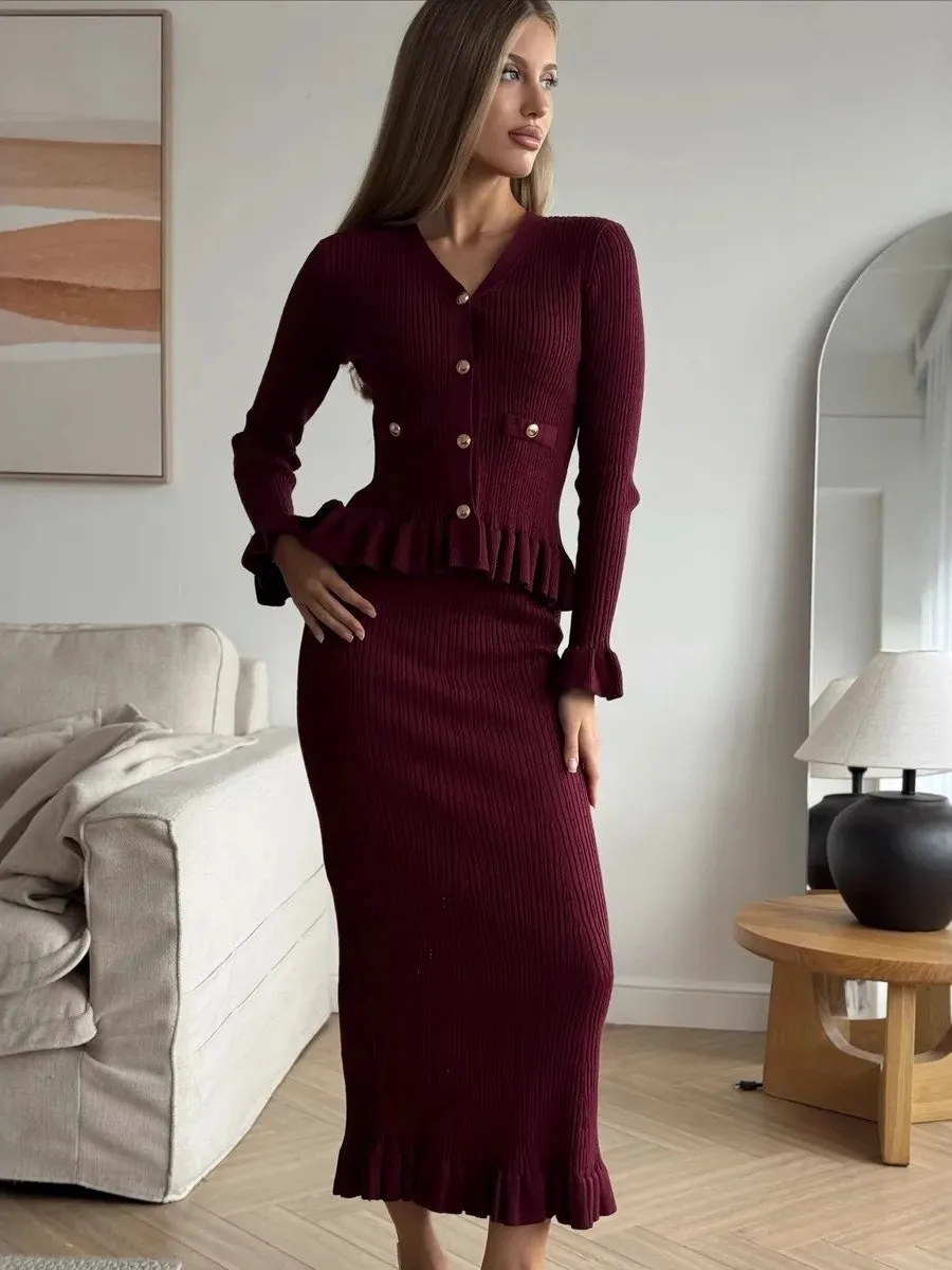 Women's Two-Piece Woolen Dress Set with Metal Buckle Knitted Sweater Skirt Casual Straight Leg Pants Mid-Low Waist PVC Fabric