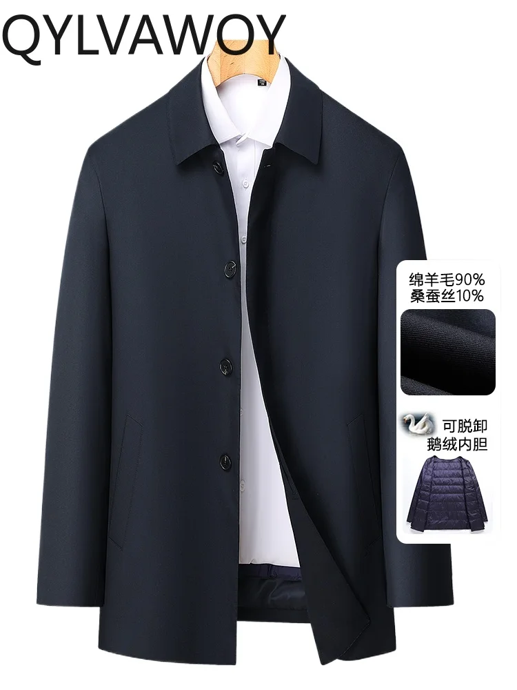 

QYLVAWOY 90% Wool Men's High-End Thickened Mid-Long Mulberry Silk Wool Coat Fine Spun Wool Outerwear Autumn Winter LJ2087