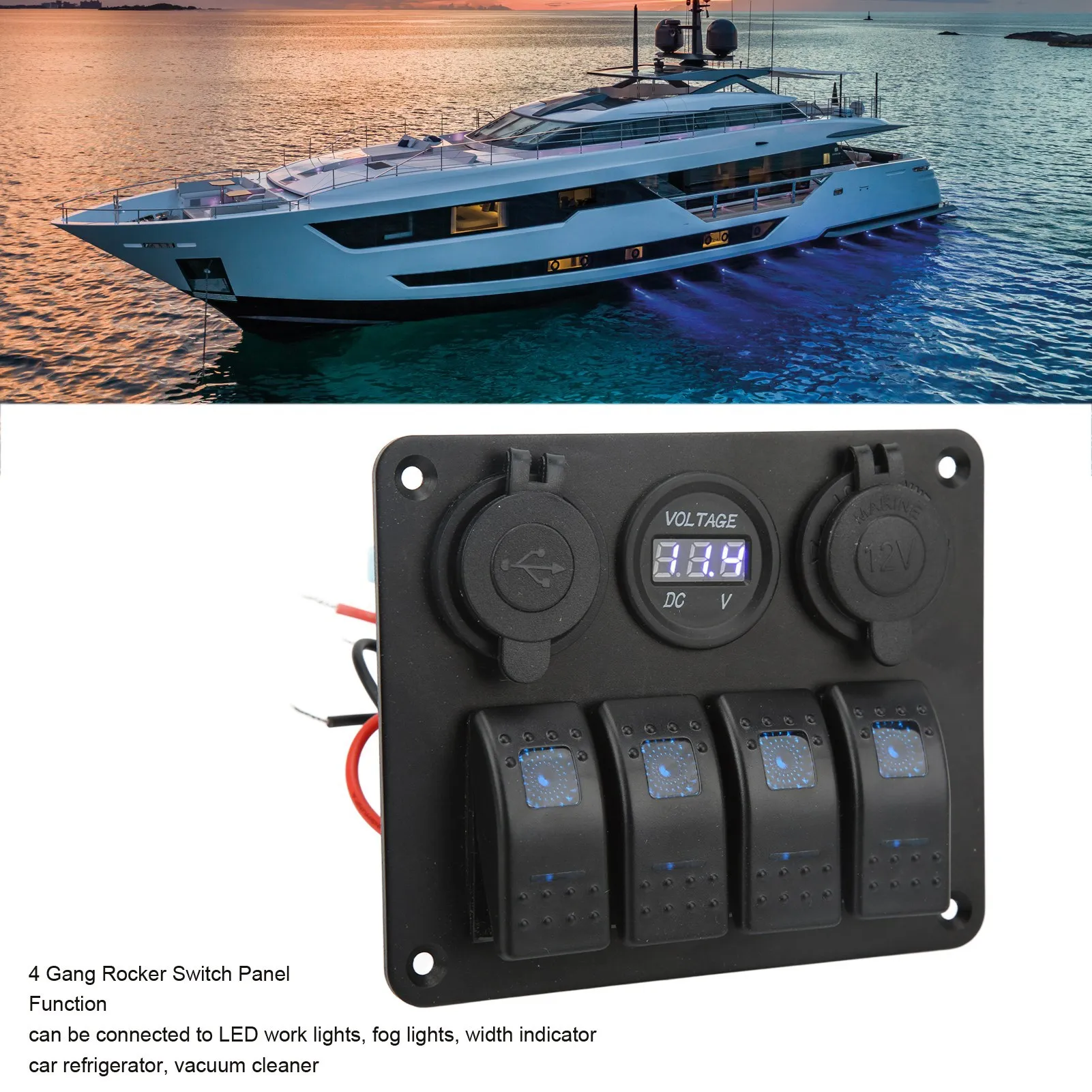 4 Gang Rocker Switch Panel with USB Cigarette Lighter Socket Toggle ON Off Combination Switch Panel for RV Boat Yacht Bus